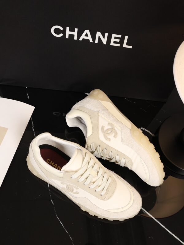 Chanel Beige and Off-White Mixed Material Low-Top Sneaker with Suede and CC Logo