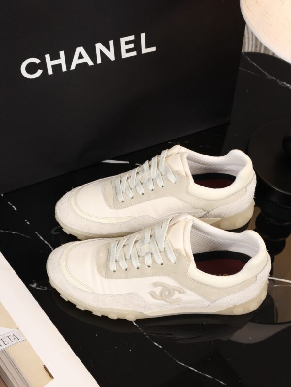 Chanel Beige and Off-White Mixed Material Low-Top Sneaker with Suede and CC Logo