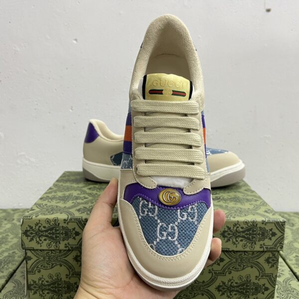 sy_no_3DDCD57D627B1A2C849318E75C266FBF_1 Gucci MAC8 GG Supreme Canvas Sneaker with Blue/Orange Web Stripe and Purple Accents