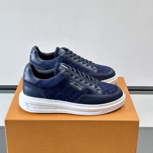 sy_no_403DC5446171BE40DA5D0631DBEA5D69_0 Louis Vuitton Navy Suede Monogram Thick-Sole Low-Top Sneaker
