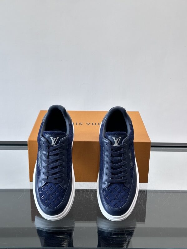 sy_no_403DC5446171BE40DA5D0631DBEA5D69_5 Louis Vuitton Navy Suede Monogram Thick-Sole Low-Top Sneaker
