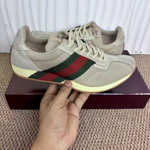 sy_no_4214DC86AE50E54BEEEC31C027659C50_0 Gucci Re-Web Sneaker in Beige Mesh & Suede with Green/Red Web Stripe