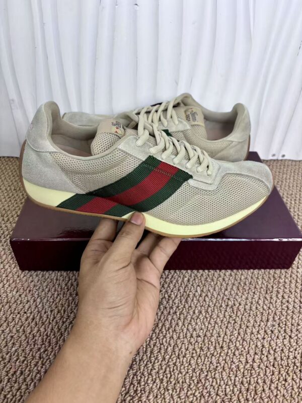 sy_no_4214DC86AE50E54BEEEC31C027659C50_0 Gucci Re-Web Sneaker in Beige Mesh & Suede with Green/Red Web Stripe