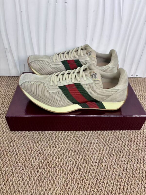 sy_no_4214DC86AE50E54BEEEC31C027659C50_1 Gucci Re-Web Sneaker in Beige Mesh & Suede with Green/Red Web Stripe