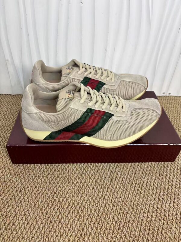 sy_no_4214DC86AE50E54BEEEC31C027659C50_2 Gucci Re-Web Sneaker in Beige Mesh & Suede with Green/Red Web Stripe
