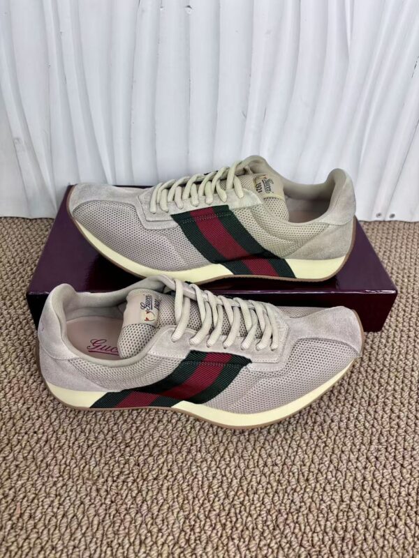 sy_no_4214DC86AE50E54BEEEC31C027659C50_3 Gucci Re-Web Sneaker in Beige Mesh & Suede with Green/Red Web Stripe