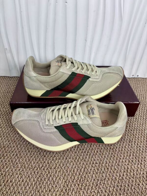 sy_no_4214DC86AE50E54BEEEC31C027659C50_4 Gucci Re-Web Sneaker in Beige Mesh & Suede with Green/Red Web Stripe