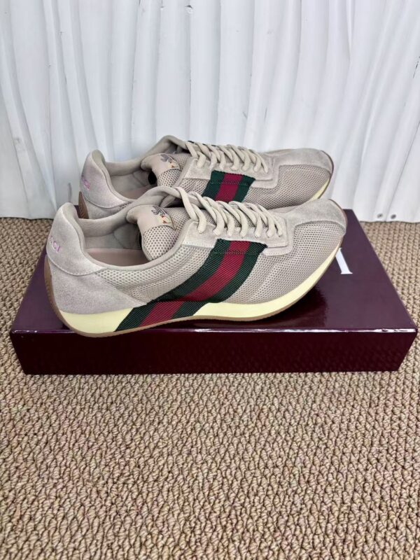 sy_no_4214DC86AE50E54BEEEC31C027659C50_5 Gucci Re-Web Sneaker in Beige Mesh & Suede with Green/Red Web Stripe