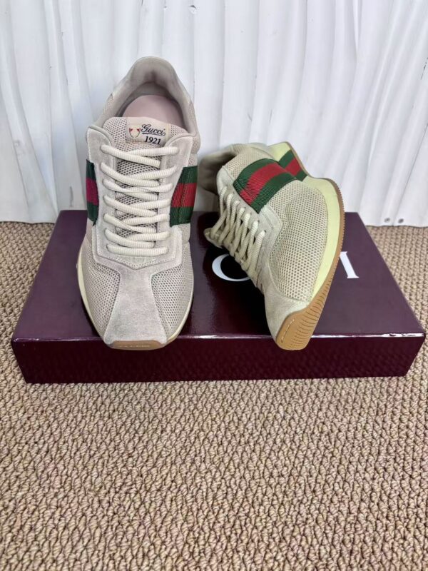 sy_no_4214DC86AE50E54BEEEC31C027659C50_7 Gucci Re-Web Sneaker in Beige Mesh & Suede with Green/Red Web Stripe