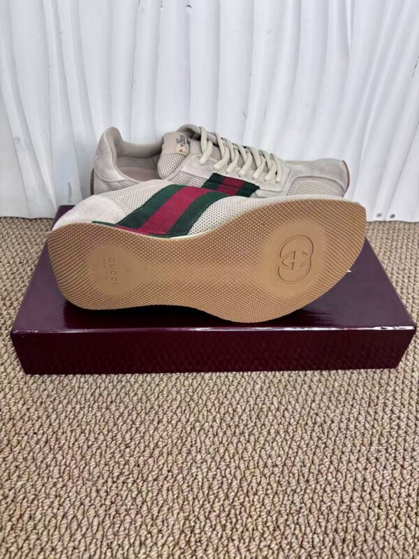sy_no_4214DC86AE50E54BEEEC31C027659C50_8 Gucci Re-Web Sneaker in Beige Mesh & Suede with Green/Red Web Stripe