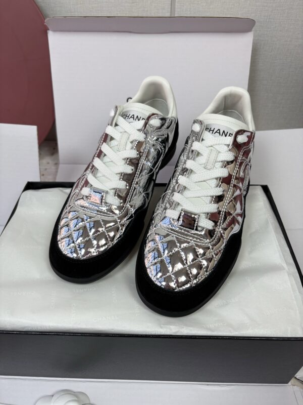 Chanel Silver Metallic Quilted Leather and Black Suede Low-Top Sneaker with CC Logo