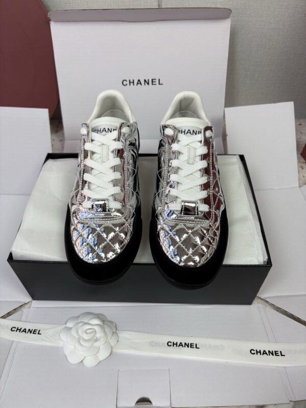 Chanel Silver Metallic Quilted Leather and Black Suede Low-Top Sneaker with CC Logo