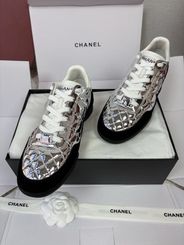 Chanel Silver Metallic Quilted Leather and Black Suede Low-Top Sneaker with CC Logo