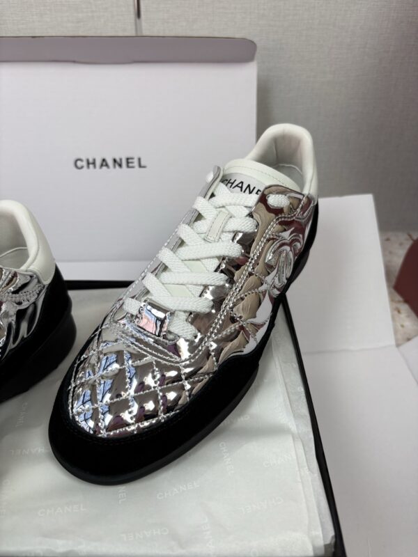 Chanel Silver Metallic Quilted Leather and Black Suede Low-Top Sneaker with CC Logo