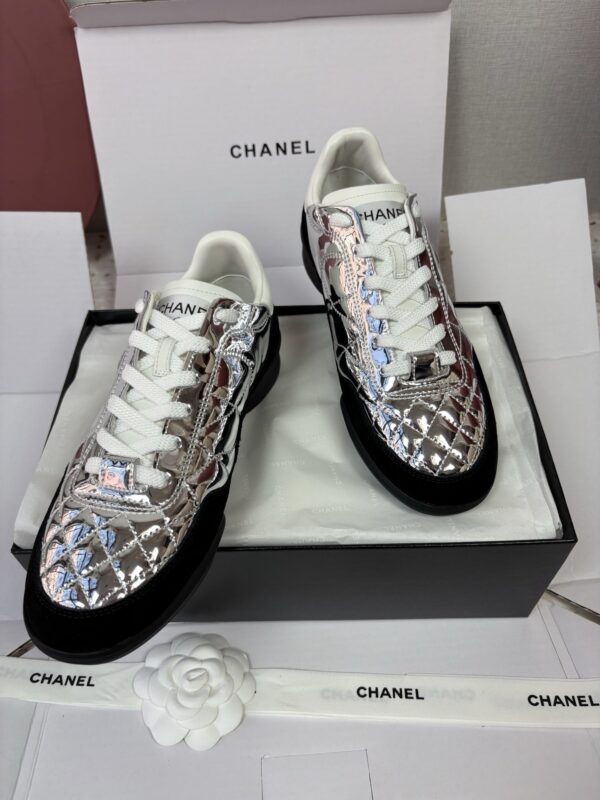 Chanel Silver Metallic Quilted Leather and Black Suede Low-Top Sneaker with CC Logo