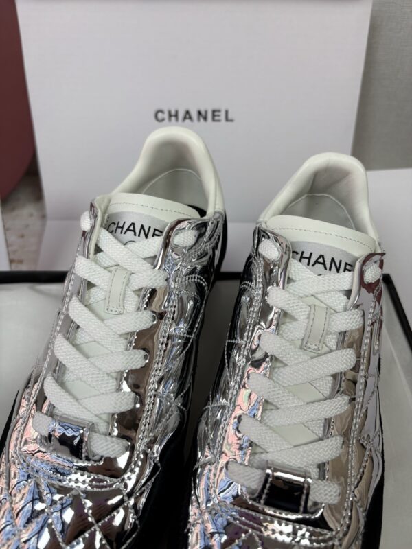 Chanel Silver Metallic Quilted Leather and Black Suede Low-Top Sneaker with CC Logo