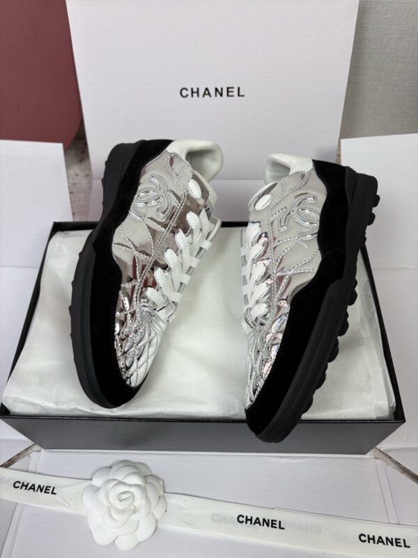 Chanel Silver Metallic Quilted Leather and Black Suede Low-Top Sneaker with CC Logo