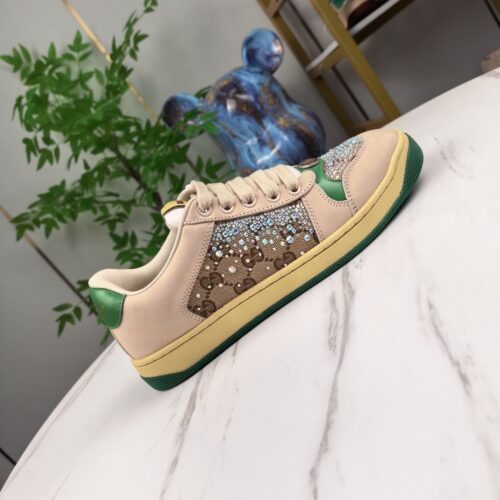 Gucci Screener Sneaker in Beige GG Canvas with Crystal Embellishments & Green/Yellow Accents