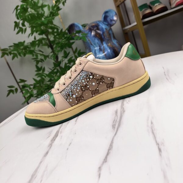 Gucci Screener Sneaker in Beige GG Canvas with Crystal Embellishments & Green/Yellow Accents