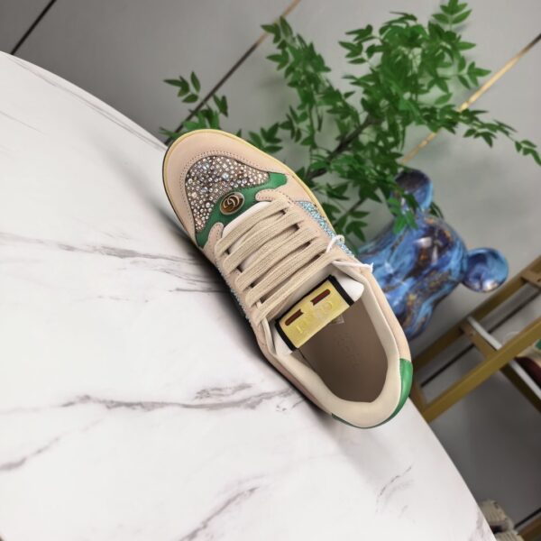Gucci Screener Sneaker in Beige GG Canvas with Crystal Embellishments & Green/Yellow Accents