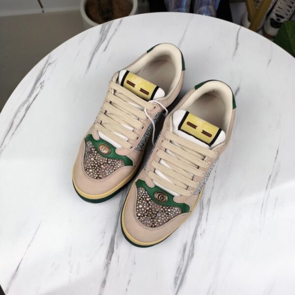 Gucci Screener Sneaker in Beige GG Canvas with Crystal Embellishments & Green/Yellow Accents