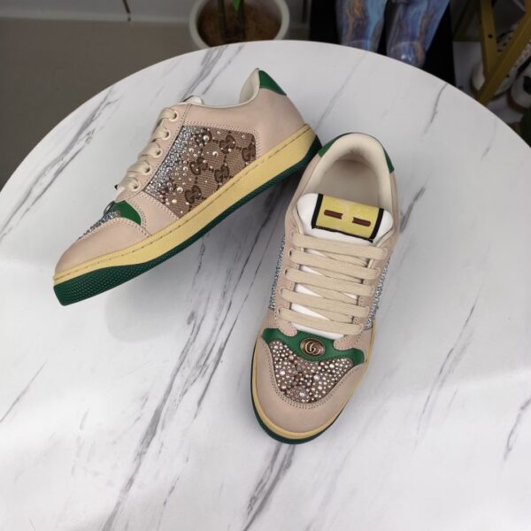 Gucci Screener Sneaker in Beige GG Canvas with Crystal Embellishments & Green/Yellow Accents