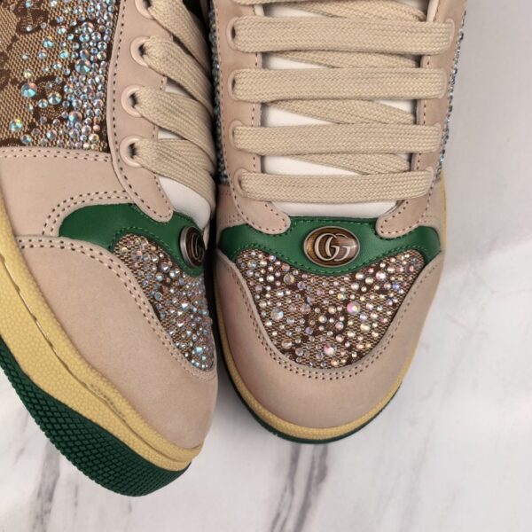Gucci Screener Sneaker in Beige GG Canvas with Crystal Embellishments & Green/Yellow Accents