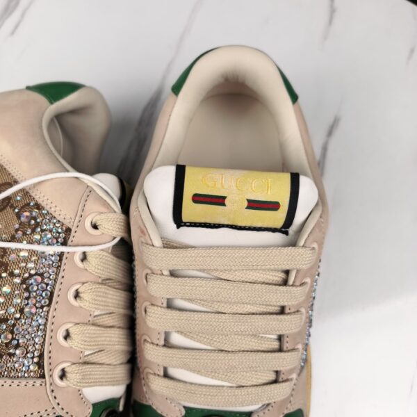 Gucci Screener Sneaker in Beige GG Canvas with Crystal Embellishments & Green/Yellow Accents