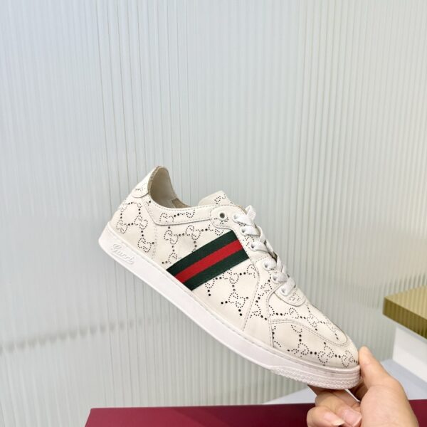 sy_no_468437157BA20687B86D2760B0D06FDF_0 Gucci Perforated GG Leather Sneaker with Web Stripe