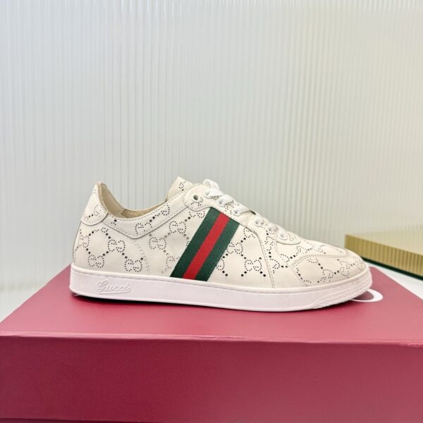 sy_no_468437157BA20687B86D2760B0D06FDF_1 Gucci Perforated GG Leather Sneaker with Web Stripe