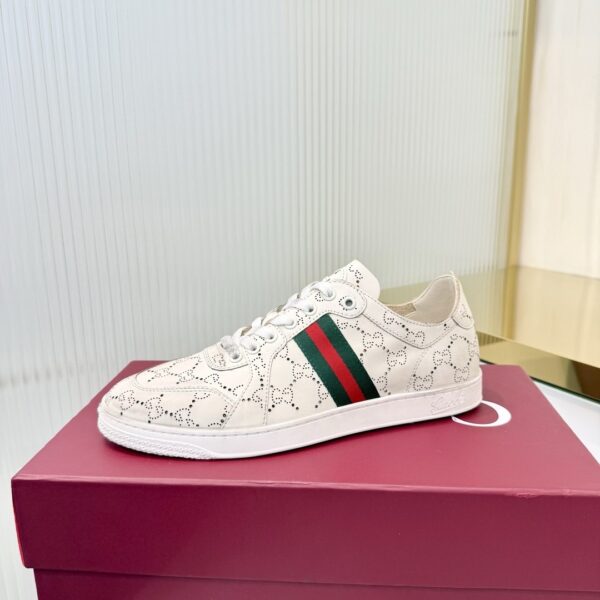sy_no_468437157BA20687B86D2760B0D06FDF_2 Gucci Perforated GG Leather Sneaker with Web Stripe