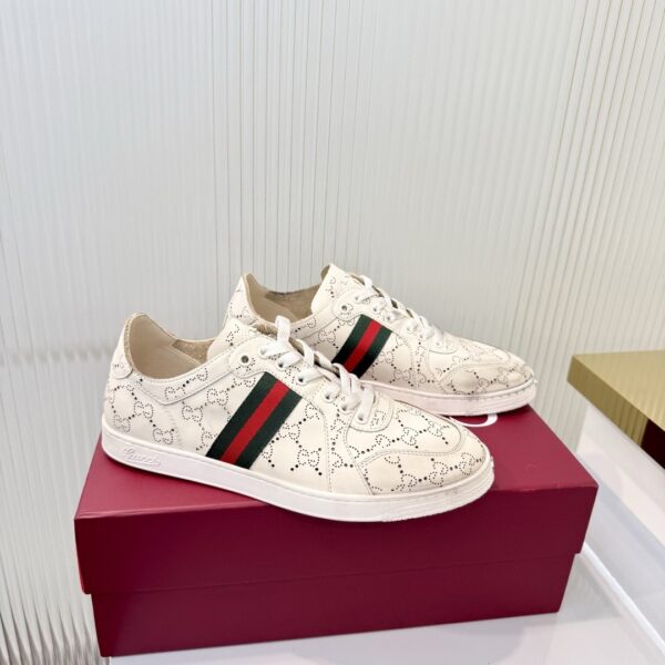 sy_no_468437157BA20687B86D2760B0D06FDF_3 Gucci Perforated GG Leather Sneaker with Web Stripe