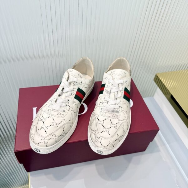 sy_no_468437157BA20687B86D2760B0D06FDF_4 Gucci Perforated GG Leather Sneaker with Web Stripe