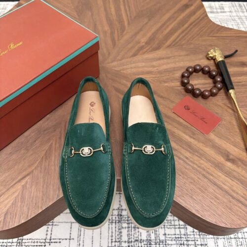 Loro Piana Dark Green Suede Metal-Buckle Loafers