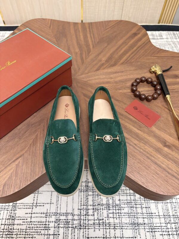 sy_no_484FEC3C0421492CA5520404AF98BF75_0 Loro Piana Dark Green Suede Metal-Buckle Loafers