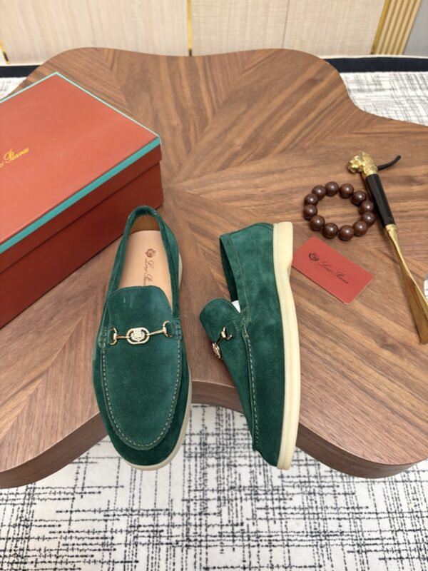sy_no_484FEC3C0421492CA5520404AF98BF75_1 Loro Piana Dark Green Suede Metal-Buckle Loafers
