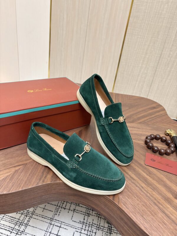 sy_no_484FEC3C0421492CA5520404AF98BF75_3 Loro Piana Dark Green Suede Metal-Buckle Loafers
