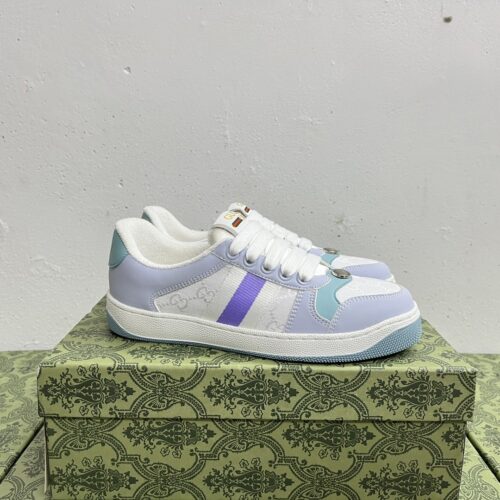 sy_no_494E8D375DF4E5C4C69322B64E2C5273_0 Gucci MAC8 GG Supreme Canvas Sneaker in Pastel Purple & Blue with Purple Web Stripe