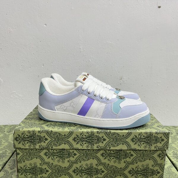 sy_no_494E8D375DF4E5C4C69322B64E2C5273_0 Gucci MAC8 GG Supreme Canvas Sneaker in Pastel Purple & Blue with Purple Web Stripe