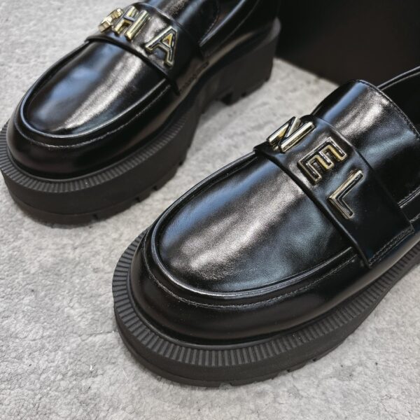 sy_no_4BCFEB4E3C031C369D9B33E00837FEA9_5 Chanel Black Platform Loafer with Gold-Tone Metal Lettering