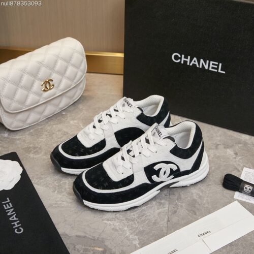 Chanel Black and White Monogram Jacquard Low-Top Sneaker with Suede and CC Logo
