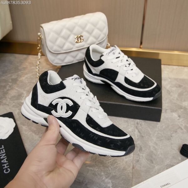 Chanel Black and White Monogram Jacquard Low-Top Sneaker with Suede and CC Logo