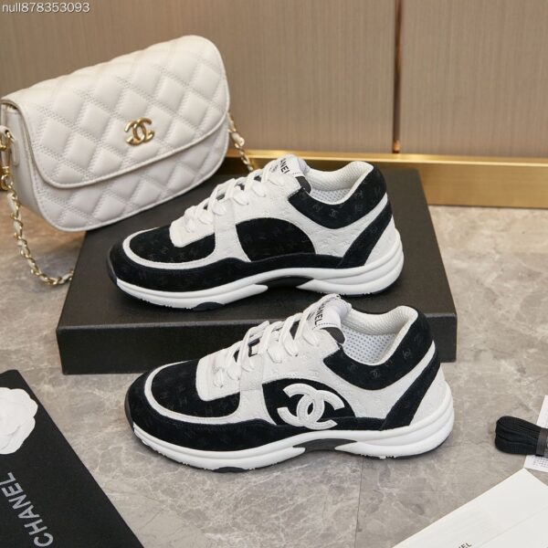 Chanel Black and White Monogram Jacquard Low-Top Sneaker with Suede and CC Logo