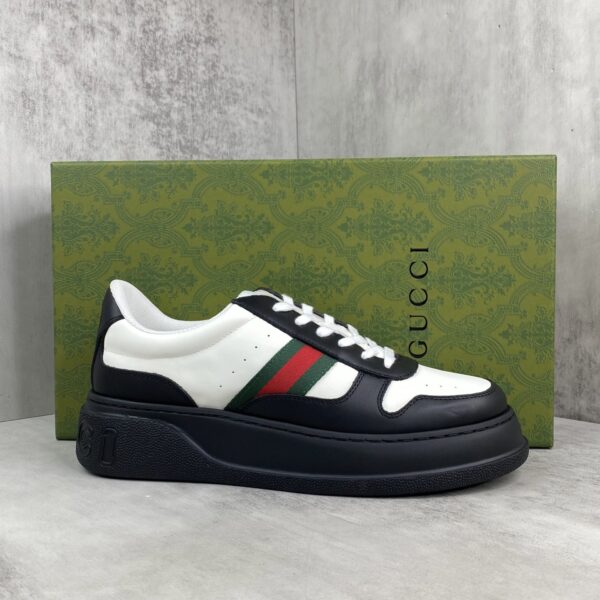 sy_no_4E4060BC495DA41C51BE14EAC1F2CE6B_0 Gucci Chunky Platform Retro Low-Top Sneaker in Black & White with Web Stripe