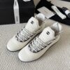 sy_no_4ECFFEC9493623F806A804E19FAFC83C_3 Chanel White Leather and Knit Slip-On Low-Top Sneaker with Speckled Laces and CC Logo