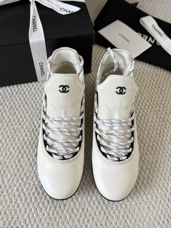 sy_no_4ECFFEC9493623F806A804E19FAFC83C_4 Chanel White Leather and Knit Slip-On Low-Top Sneaker with Speckled Laces and CC Logo