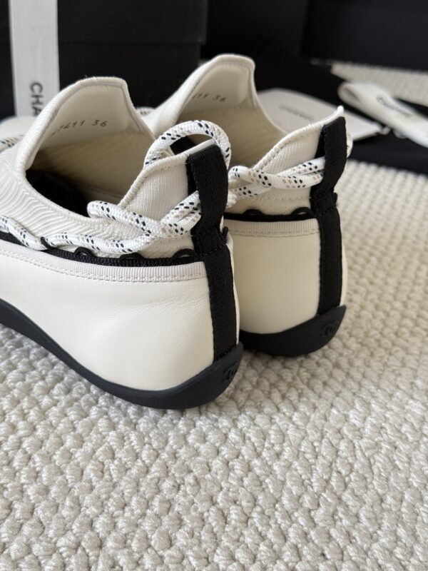sy_no_4ECFFEC9493623F806A804E19FAFC83C_5 Chanel White Leather and Knit Slip-On Low-Top Sneaker with Speckled Laces and CC Logo
