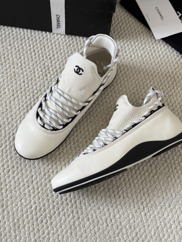 sy_no_4ECFFEC9493623F806A804E19FAFC83C_8 Chanel White Leather and Knit Slip-On Low-Top Sneaker with Speckled Laces and CC Logo