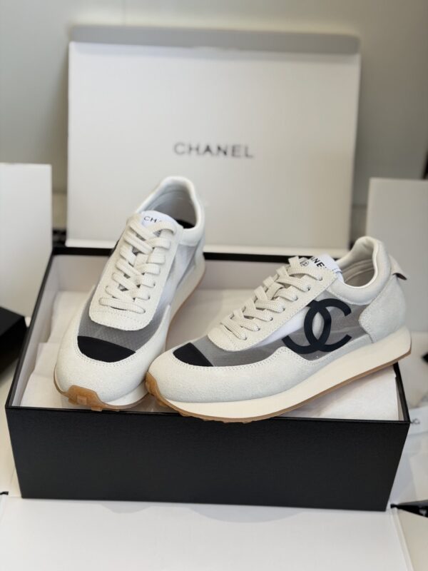 Chanel White and Grey Mesh and Suede Low-Top Sneaker with Black Toe Cap and CC Logo