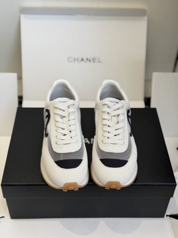 Chanel White and Grey Mesh and Suede Low-Top Sneaker with Black Toe Cap and CC Logo